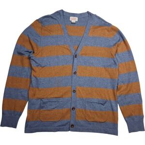 Lands End Canvas Mens Large Blue Tan Striped Cotton Cashmere Cardigan Sweater